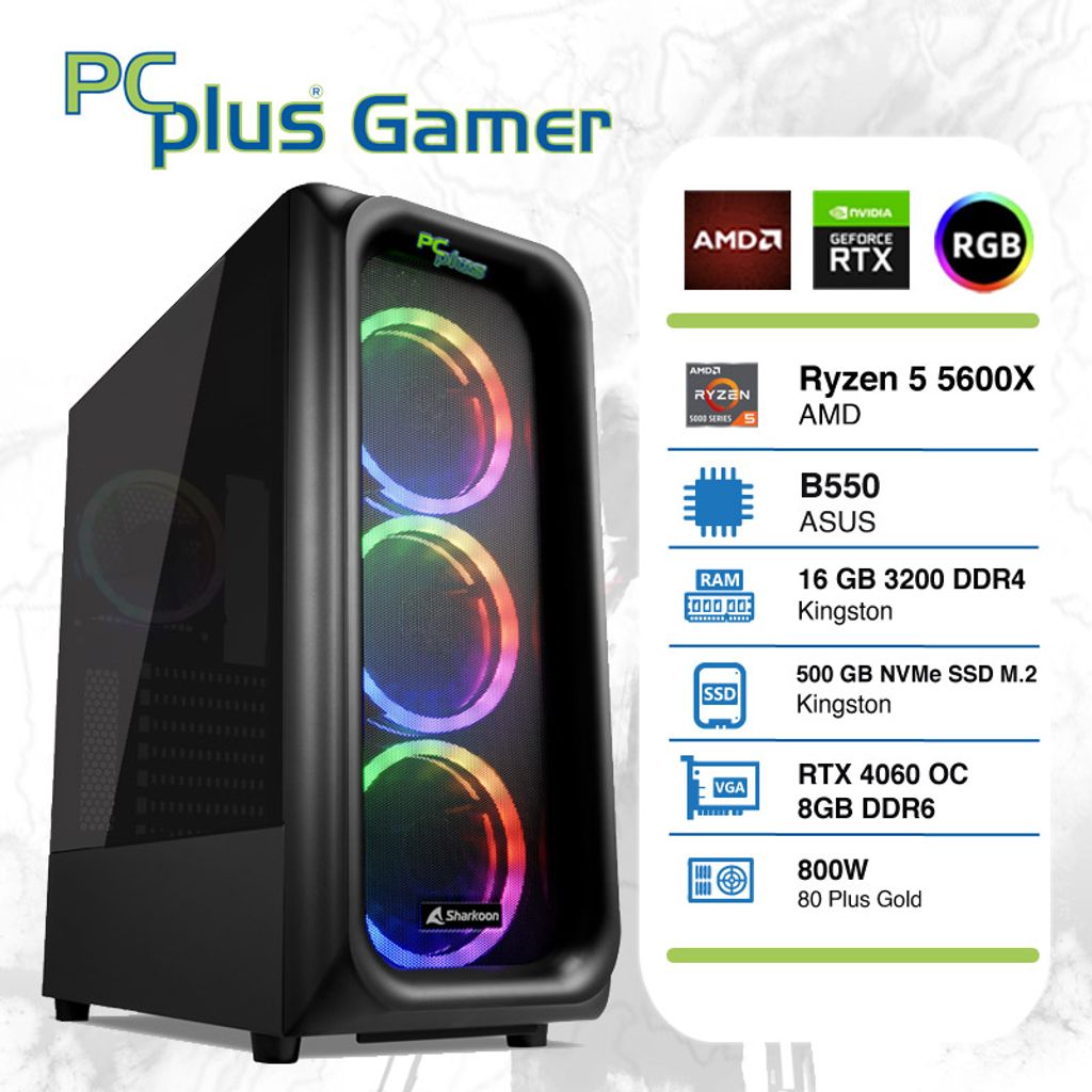 PCPLUS Gamer R5-5600X 32GB 500TB NVMe SSD RTX 4060 8GB OC DDR6 RGB computer desktop