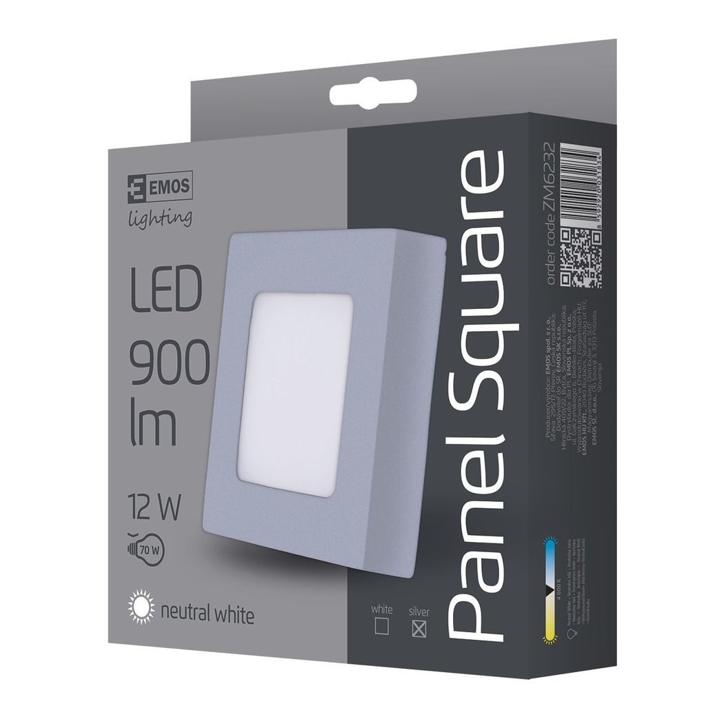 EMOS Pannello LED sostituibile, quadrato, 12W, bianco neutro, argento ZM6232