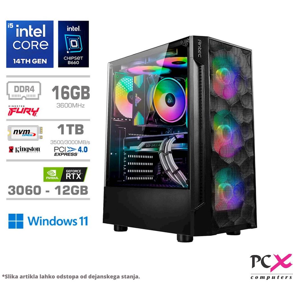 PCX computer desktop di gioco Exton, i5 14400/16GB/1TB/RTX3060/RGB/Win11 Home