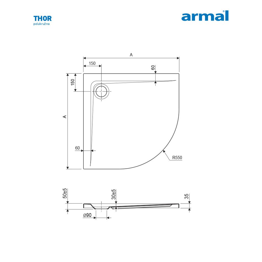 ARMAL vasca doccia Thor, 80x80x3,5 senza sifone