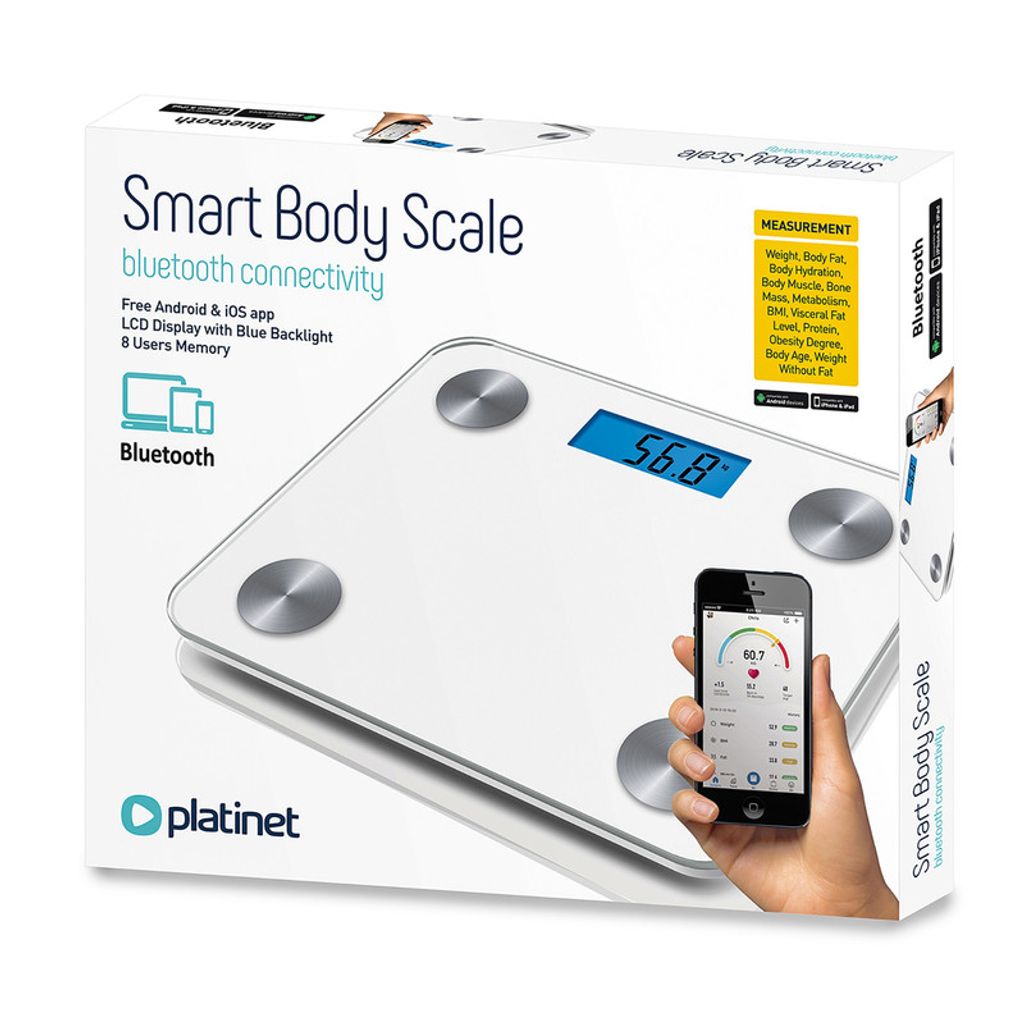 PLATINET Personal smart balance PBSBTB, Bluetooth, Android+IOS applicazione, fino a 180kg, bianco