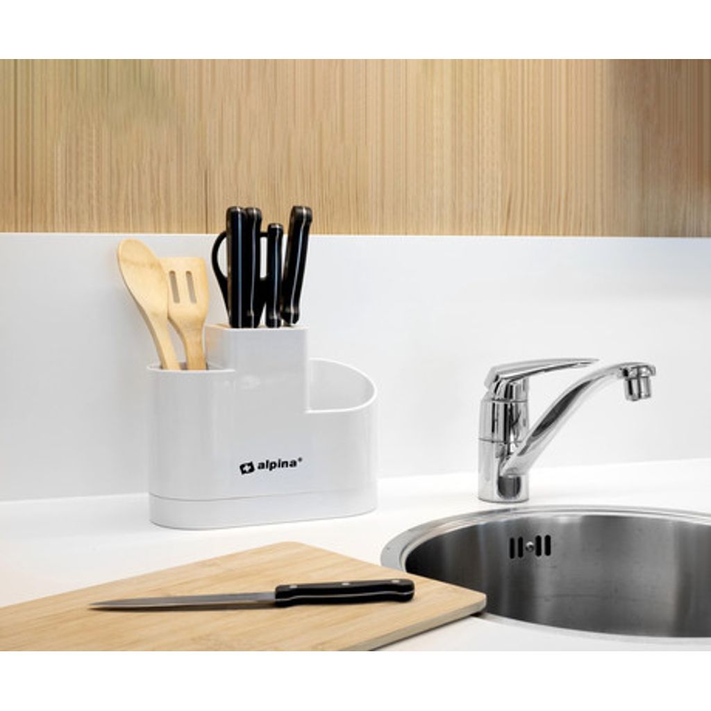 ALPINA Organizzatore per utensili da cucina, supporto posate + portacoltelli + fessure di scarico acqua, 25,5x21x12x5 cm, bianco