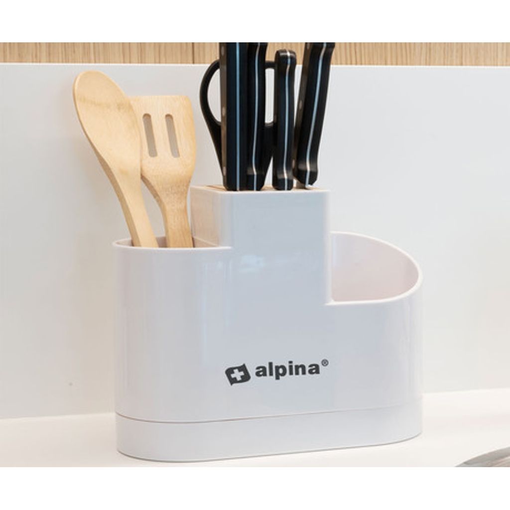 ALPINA Organizzatore per utensili da cucina, supporto posate + portacoltelli + fessure di scarico acqua, 25,5x21x12x5 cm, bianco