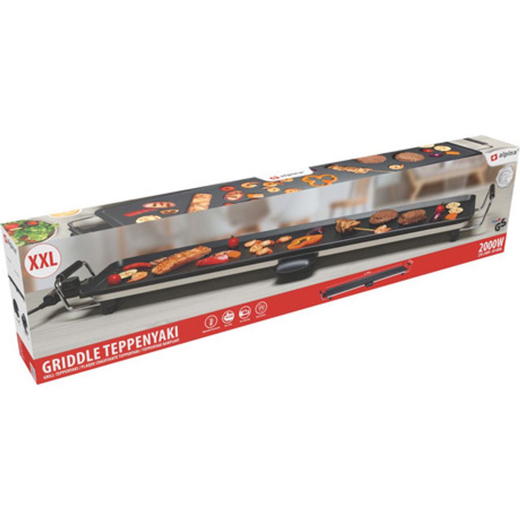 ALPINA Teppanyaki GRILL piastra griglia elettrica, acciaio, alluminio, potenza 2000W, temperatura regolabile, 100x22cm