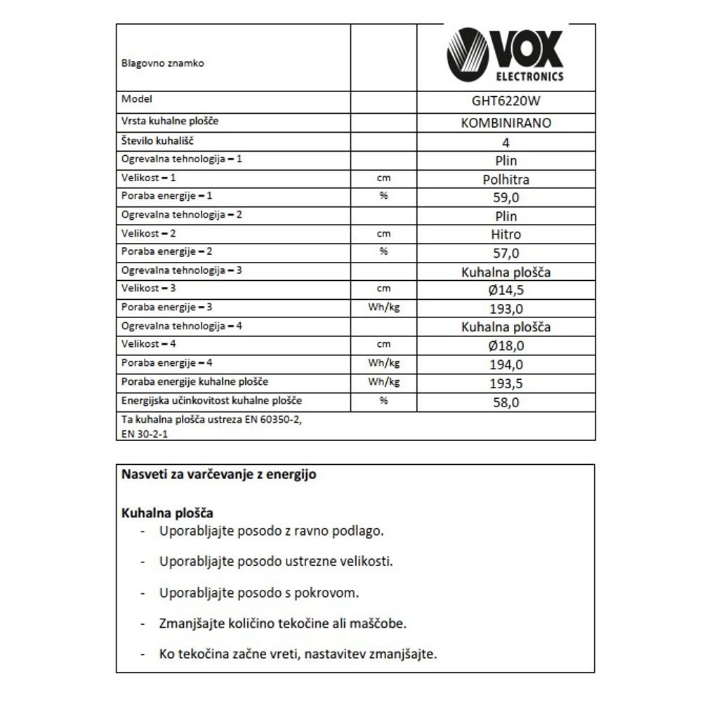 VOX Stufa combinata GHT 6220 W (2x gas, 2x elettricità)