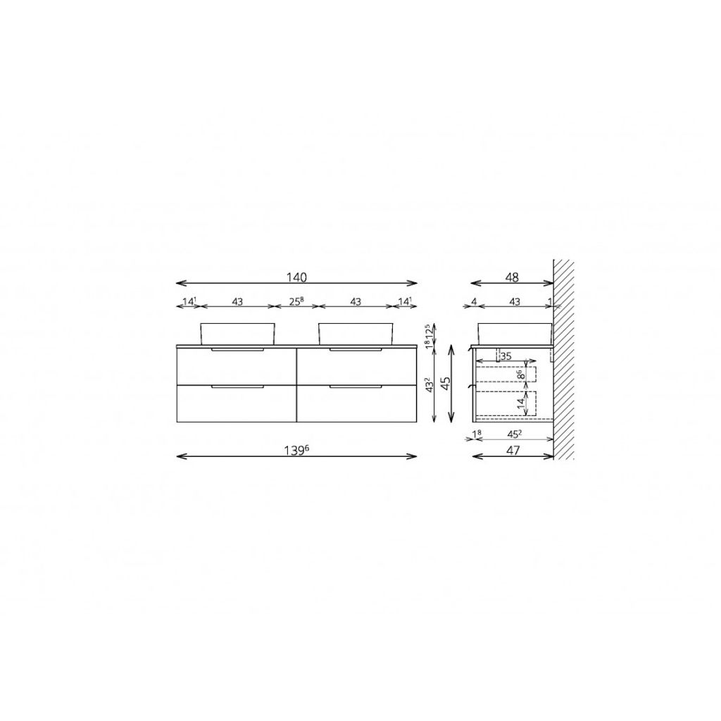 TBOSS Armadio bagno con lavandini Nola 140 cm, rovere naturale, pannello bianco lucido