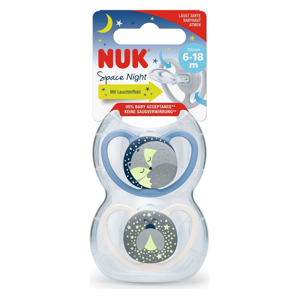 NUK un ciuccio confortante - silicone Space Night Vel. 1 (6-18 mesi), varietà, 2 pezzi