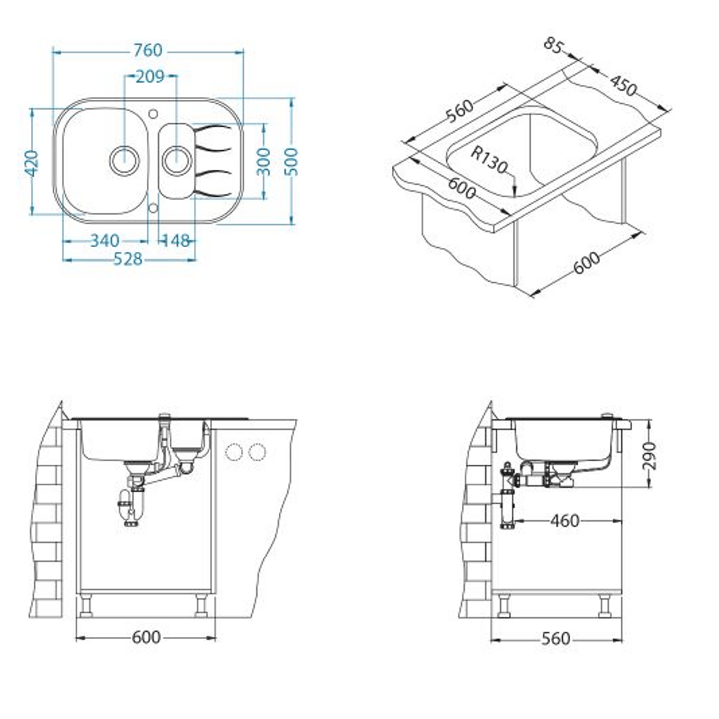 ALVEUS lavandino singolo e mezzo con drenatore Wave 30, bianco (1102741)